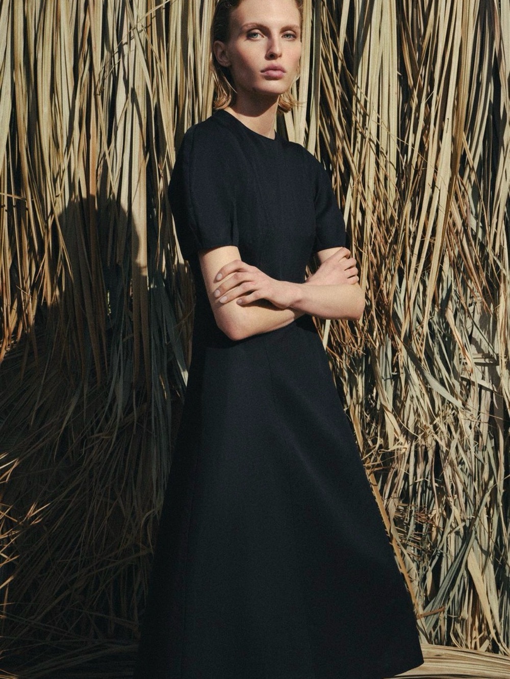Zara Black Midi A-Line Short-Sleeve Dress